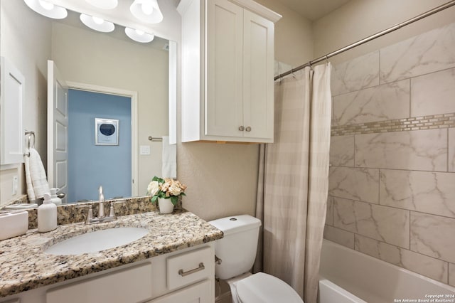 28964 Windlesham Way, San Antonio, TX 78260 - bathroom featuring vanity, shower / bath combination with curtain, and toilet