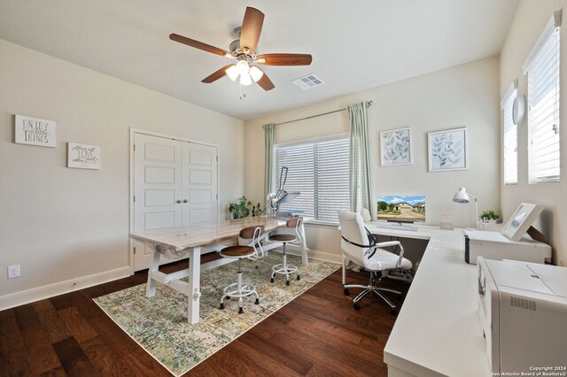 28964 Windlesham Way, San Antonio, TX 78260 - office featuring baseboards, ceiling fan, dark wood-type flooring, and visible vents