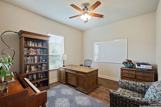 28964 Windlesham Way, San Antonio, TX 78260 - office area featuring visible vents, a ceiling fan, baseboards, and dark wood-style floors