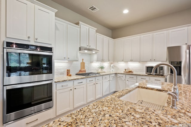 28964 Windlesham Way, San Antonio, TX 78260 - kitchen with appliances with stainless steel finishes, a sink, white cabinetry, tasteful backsplash, and visible vents