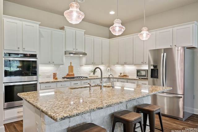 28964 Windlesham Way, San Antonio, TX 78260 - kitchen with under cabinet range hood, appliances with stainless steel finishes, a sink, and dark wood finished floors
