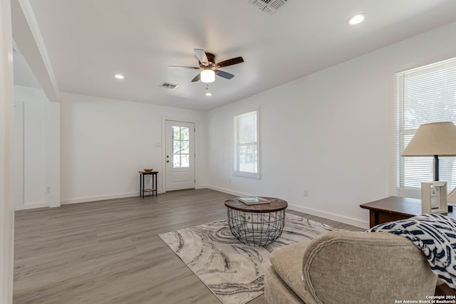 living room with wood-type flooring and ceiling fan