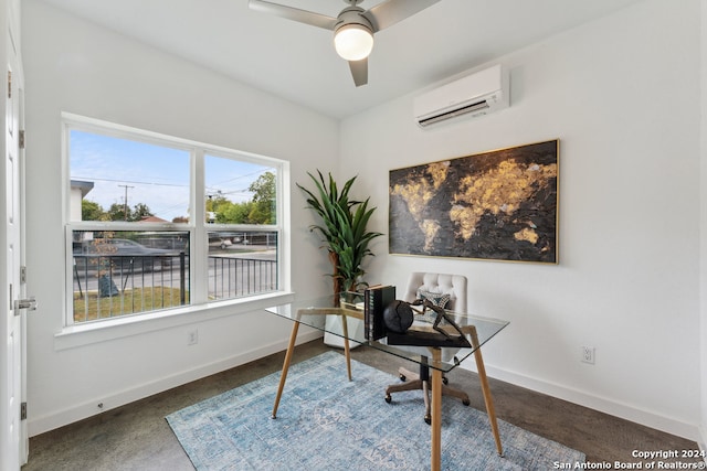 carpeted office featuring an AC wall unit and ceiling fan