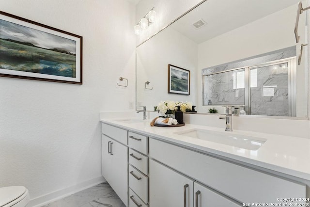 3216 N Elmendorf St, San Antonio, TX 78201 - full bath featuring marble look tiles, baseboards, a marble finish shower, toilet, and double vanity