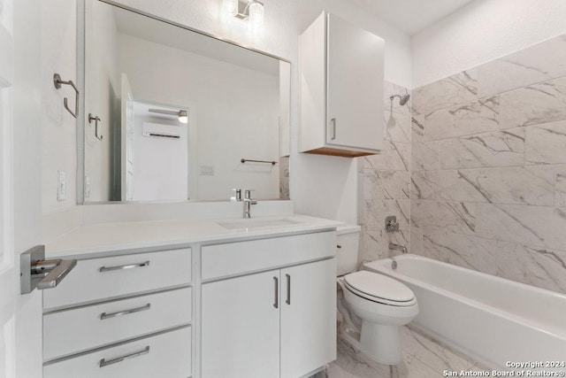 3216 N Elmendorf St, San Antonio, TX 78201 - full bath with vanity, toilet, bathing tub / shower combination, a wall mounted AC, and marble look tiles