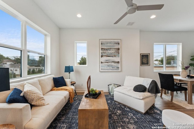 3216 N Elmendorf St, San Antonio, TX 78201 - living area with healthy amount of natural light, a ceiling fan, recessed lighting, and wood finished floors
