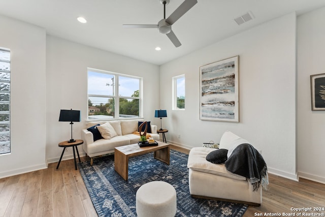 living room with ceiling fan and wood-type flooring