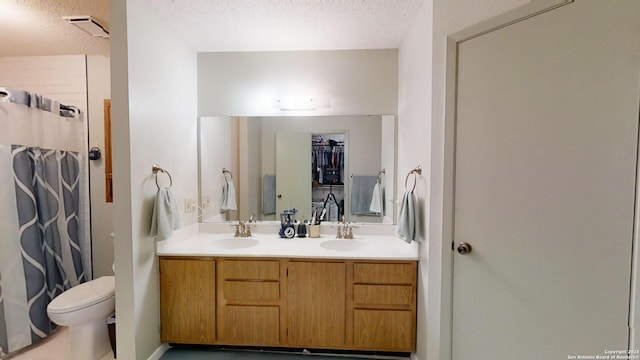 bathroom featuring vanity, a textured ceiling, and toilet