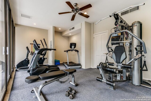 workout area with ceiling fan