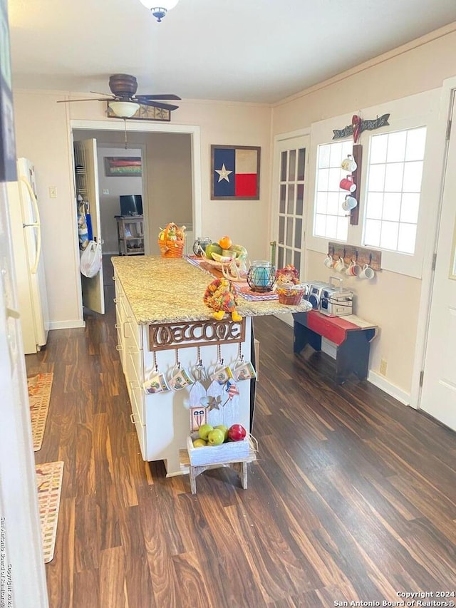 kitchen with ceiling fan, white refrigerator, and dark hardwood / wood-style floors