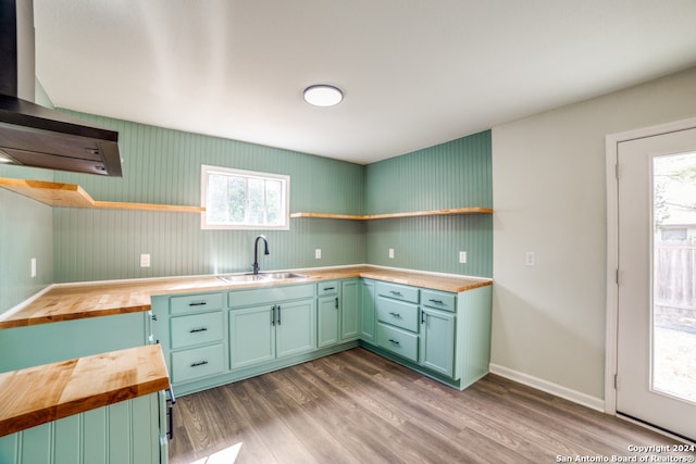 kitchen with wooden counters, sink, exhaust hood, and hardwood / wood-style flooring