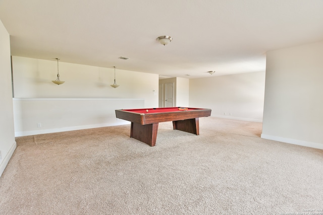 recreation room featuring pool table and light carpet