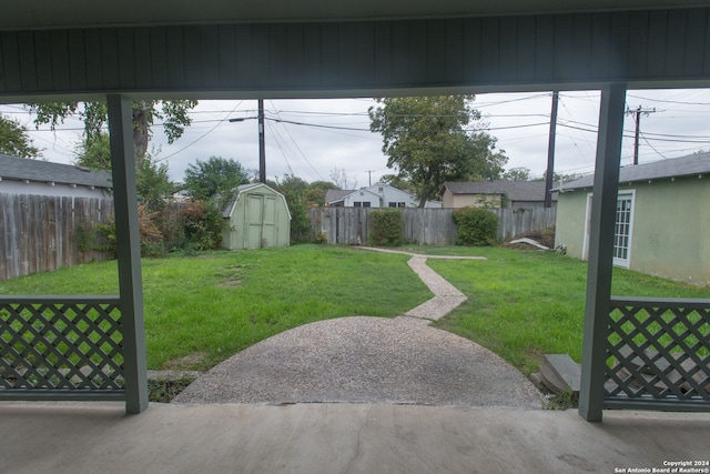 view of yard with a storage shed