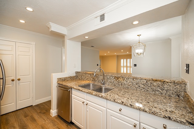 kitchen featuring dishwasher, ornamental molding, sink, white cabinetry, and light hardwood / wood-style floors