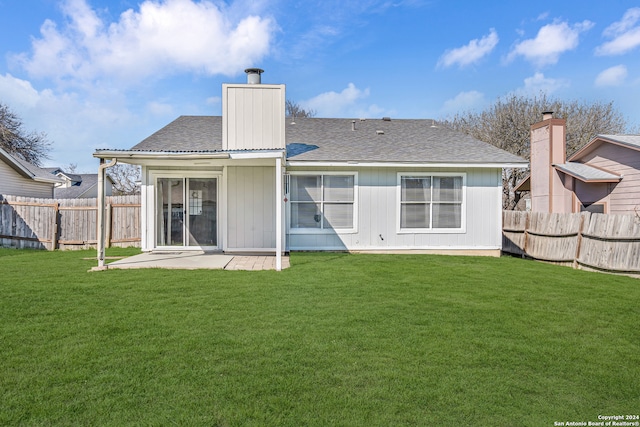 8722 Ridge Moon Dr, San Antonio, TX 78239 - rear view of house featuring a chimney, a patio area, and a shingled roof