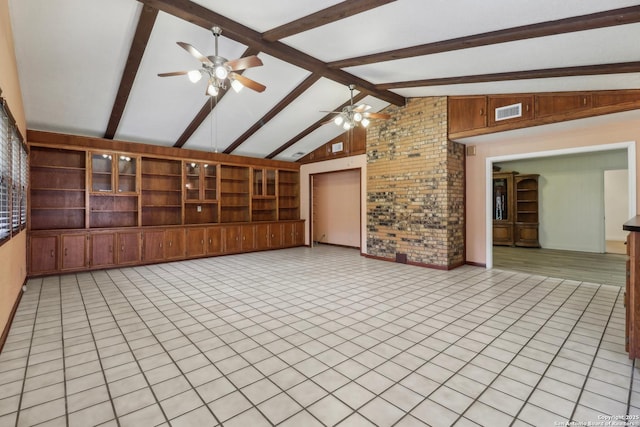 empty room with beamed ceiling, visible vents, a ceiling fan, light tile patterned flooring, and high vaulted ceiling