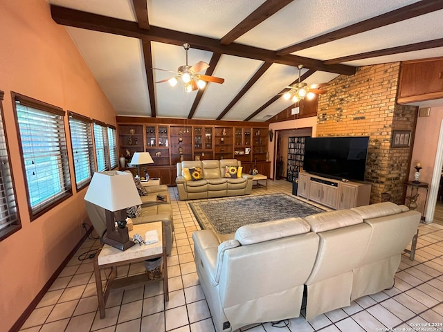 tiled living room with ceiling fan, a textured ceiling, and vaulted ceiling with beams