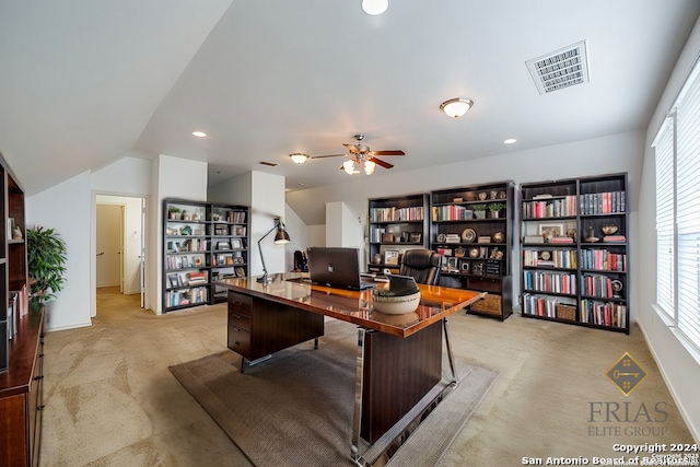 3718 Willow Walk, San Antonio, TX 78259 - office featuring light colored carpet, ceiling fan, recessed lighting, and vaulted ceiling