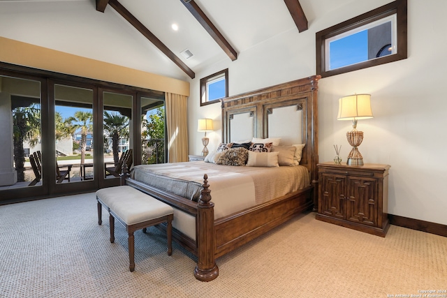 bedroom featuring high vaulted ceiling, access to outside, beamed ceiling, and light colored carpet