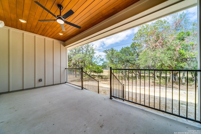 balcony with ceiling fan and a patio area