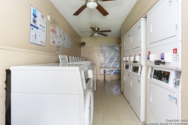 laundry room with stacked washing maching and dryer, a textured ceiling, separate washer and dryer, and ceiling fan