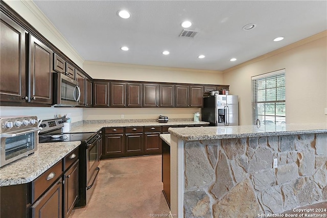 kitchen with appliances with stainless steel finishes, crown molding, dark brown cabinetry, and light colored carpet