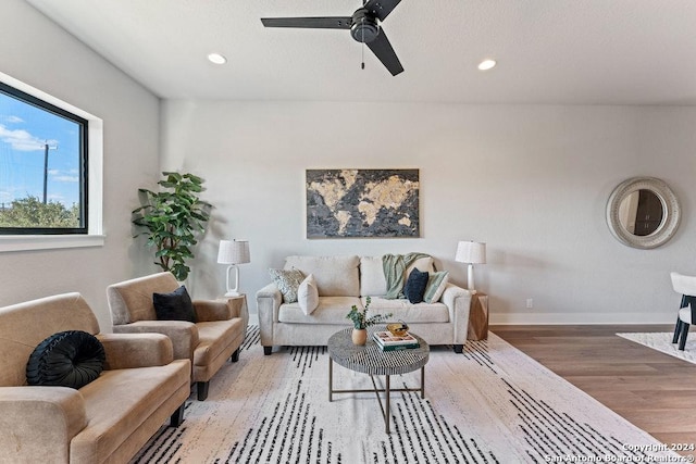 7942 Kennedy Hl Unit 8, San Antonio, TX 78235 - living room with wood finished floors, baseboards, a ceiling fan, and recessed lighting