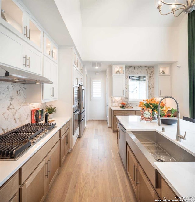 kitchen featuring white cabinets, light wood-type flooring, appliances with stainless steel finishes, and tasteful backsplash