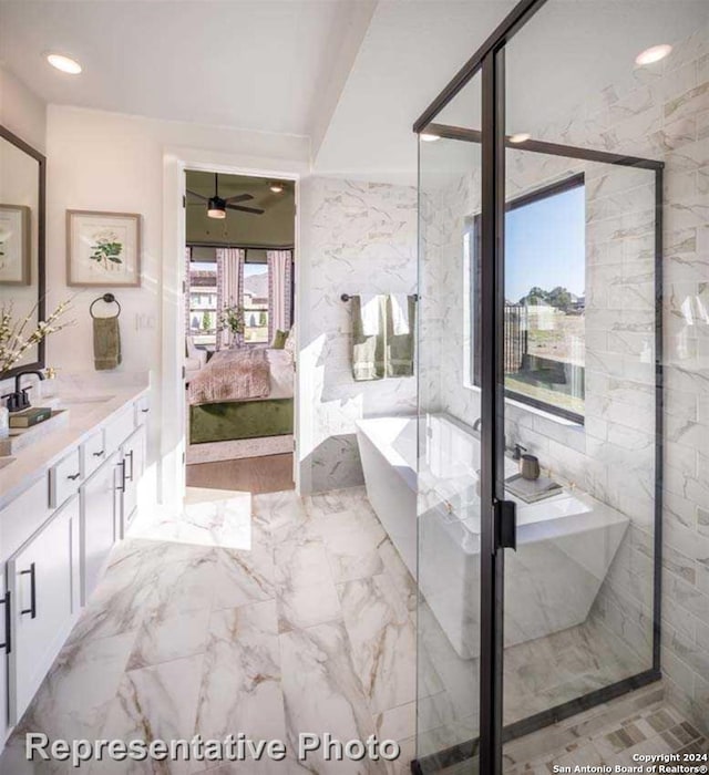 bathroom featuring vanity, ceiling fan, and plus walk in shower