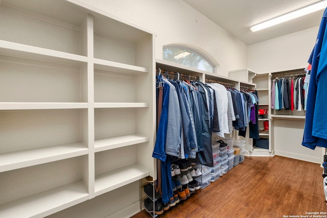 walk in closet with dark hardwood / wood-style flooring