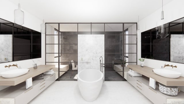 bathroom featuring tile walls, vanity, independent shower and bath, a wall of windows, and tile patterned flooring