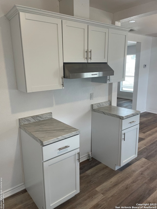 kitchen with white cabinetry and dark hardwood / wood-style floors