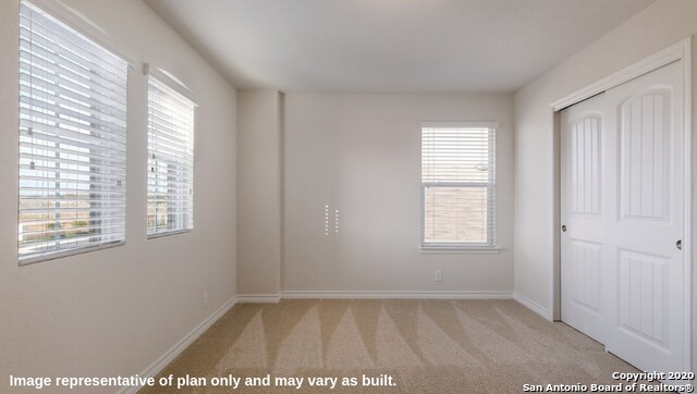 unfurnished bedroom with a closet, light carpet, and multiple windows