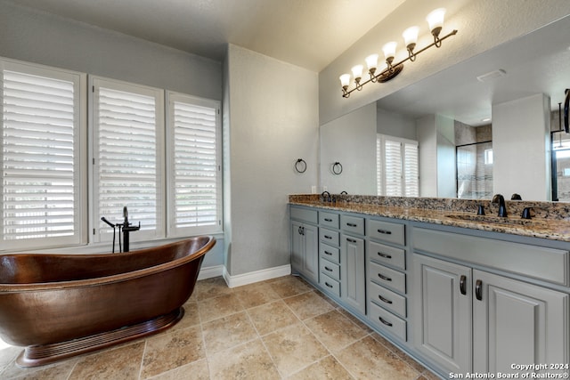 bathroom featuring vanity and plus walk in shower