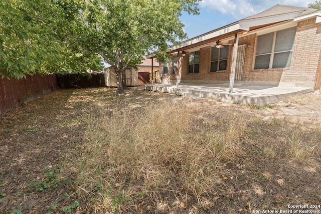 view of yard featuring a patio area, a storage unit, and ceiling fan