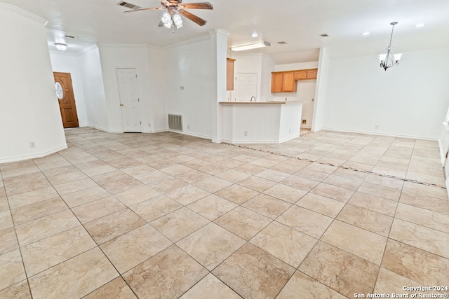 unfurnished living room featuring ornamental molding and ceiling fan with notable chandelier