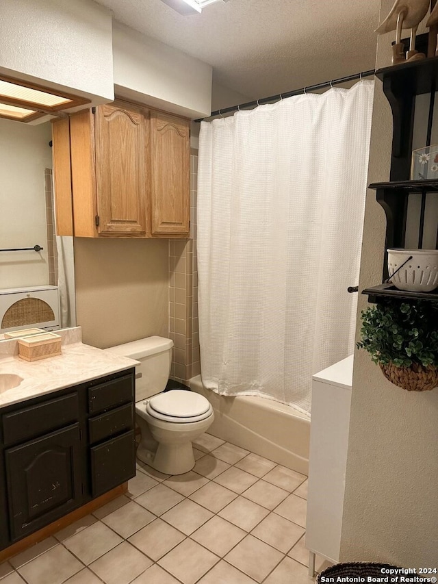 full bathroom with tile patterned floors, toilet, a textured ceiling, vanity, and shower / bath combination with curtain