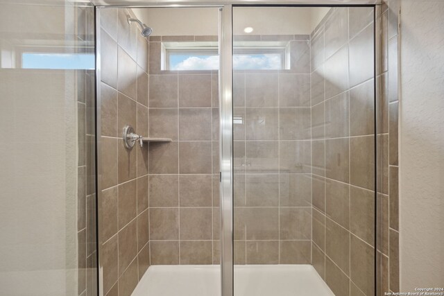 bathroom with a shower with shower door