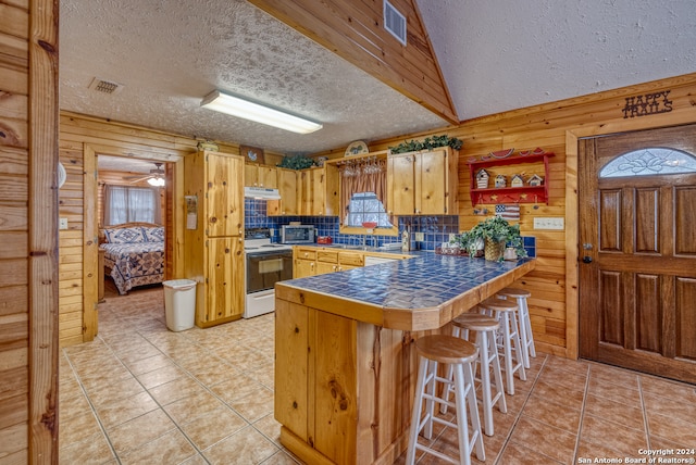 kitchen with white electric stove, tile countertops, wooden walls, and decorative backsplash