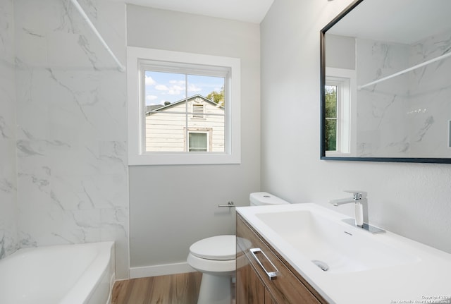 bathroom featuring a bathing tub, wood-type flooring, toilet, and vanity