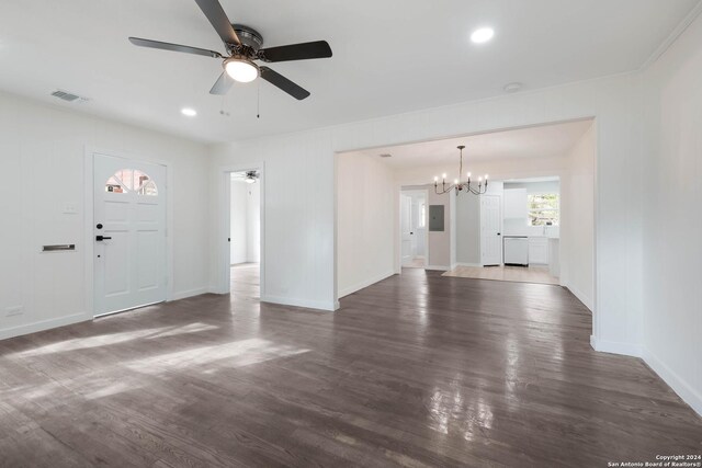 307 Bexar Dr, San Antonio, TX 78228 - unfurnished living room with a chandelier, ceiling fan, dark wood-type flooring, baseboards, and recessed lighting