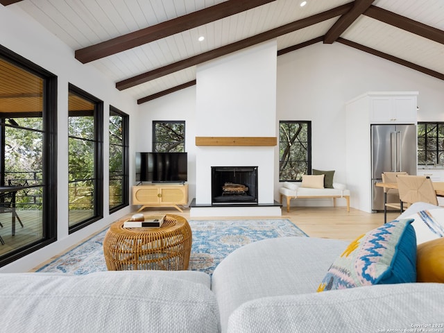 living room with high vaulted ceiling, light wood-type flooring, wooden ceiling, and beam ceiling