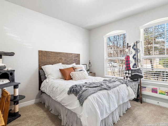 carpeted bedroom featuring multiple windows