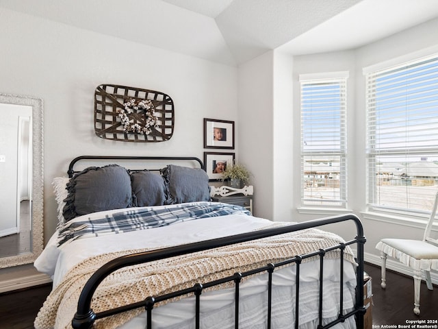 bedroom featuring multiple windows, lofted ceiling, and dark hardwood / wood-style floors