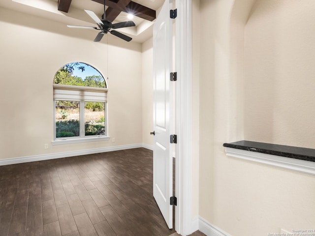 unfurnished room featuring dark hardwood / wood-style flooring, coffered ceiling, ceiling fan, and beam ceiling