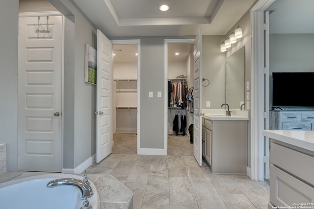 bathroom featuring vanity, a raised ceiling, and a washtub