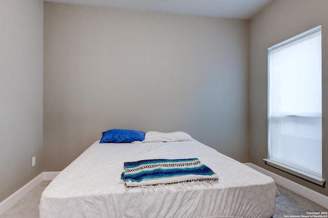 bedroom with light colored carpet