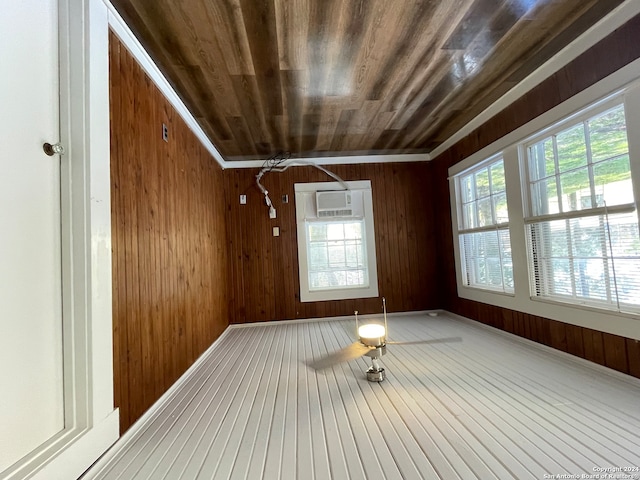 spare room featuring wood walls, wooden ceiling, and ornamental molding