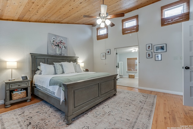 bedroom with light hardwood / wood-style floors, multiple windows, and wood ceiling