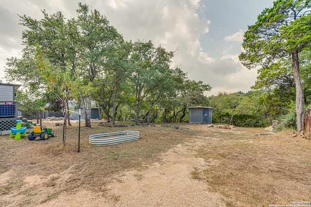 view of yard featuring a shed
